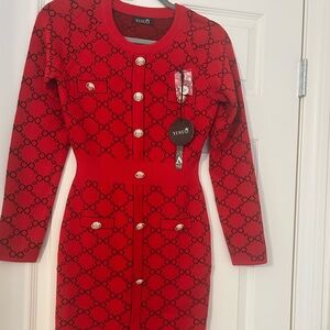 Red Patterned Dress with Gold Buttons